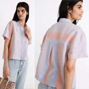 Madewell 100% Linen Beachside Shirt Small Ombré Stripe‎ blue coral boxy top